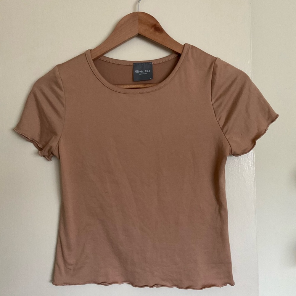 Olivia Rae New York Brown Scallop Crop Tee Sz Medium